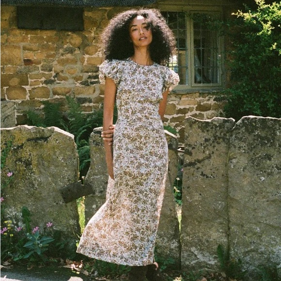 Doen Rhodia Cotton Puff Short Sleeve Maxi Midi Dress Blanc Narcissus Floral - Picture 4 of 16